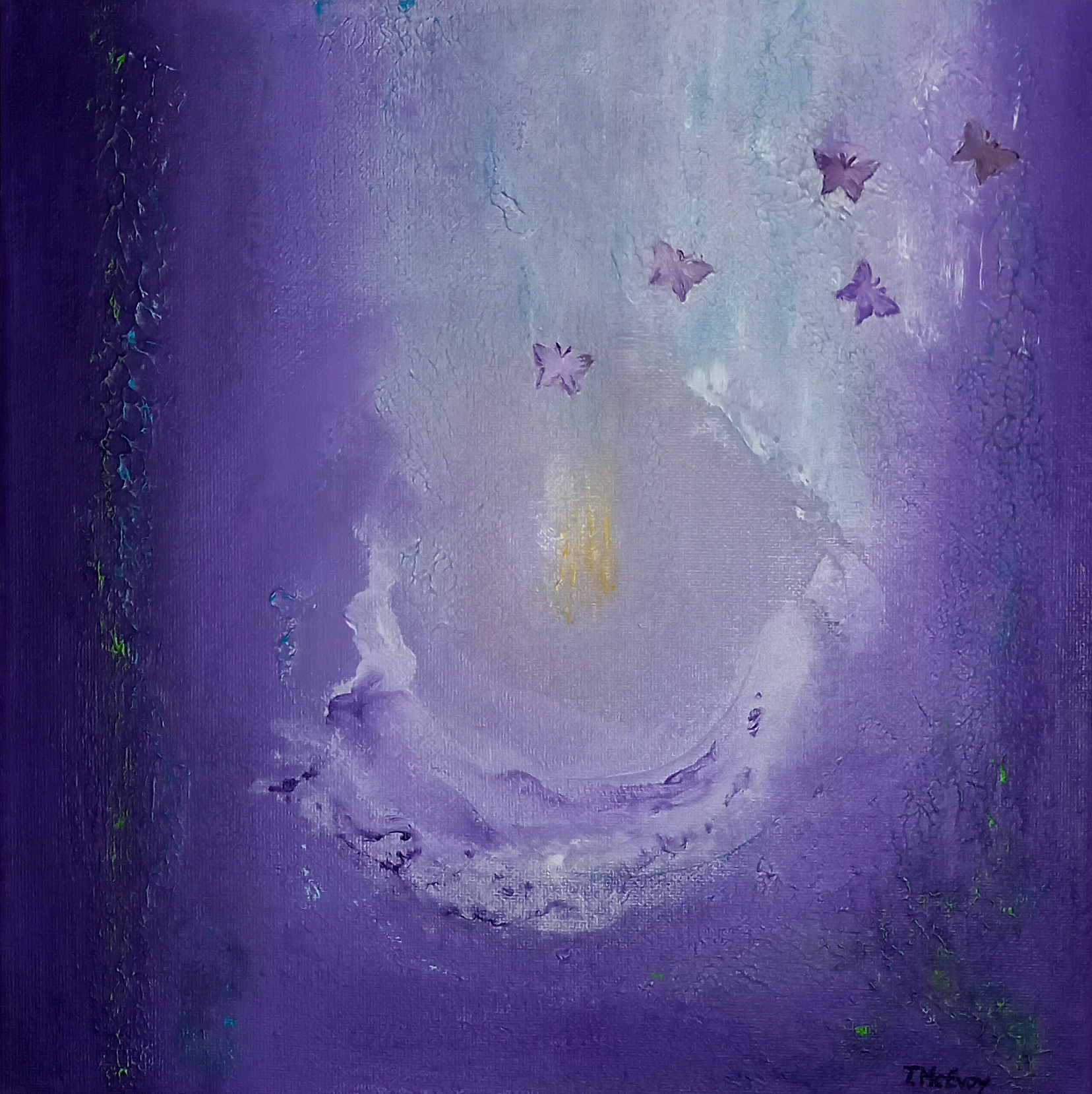 purple mixed media painting with butterflies