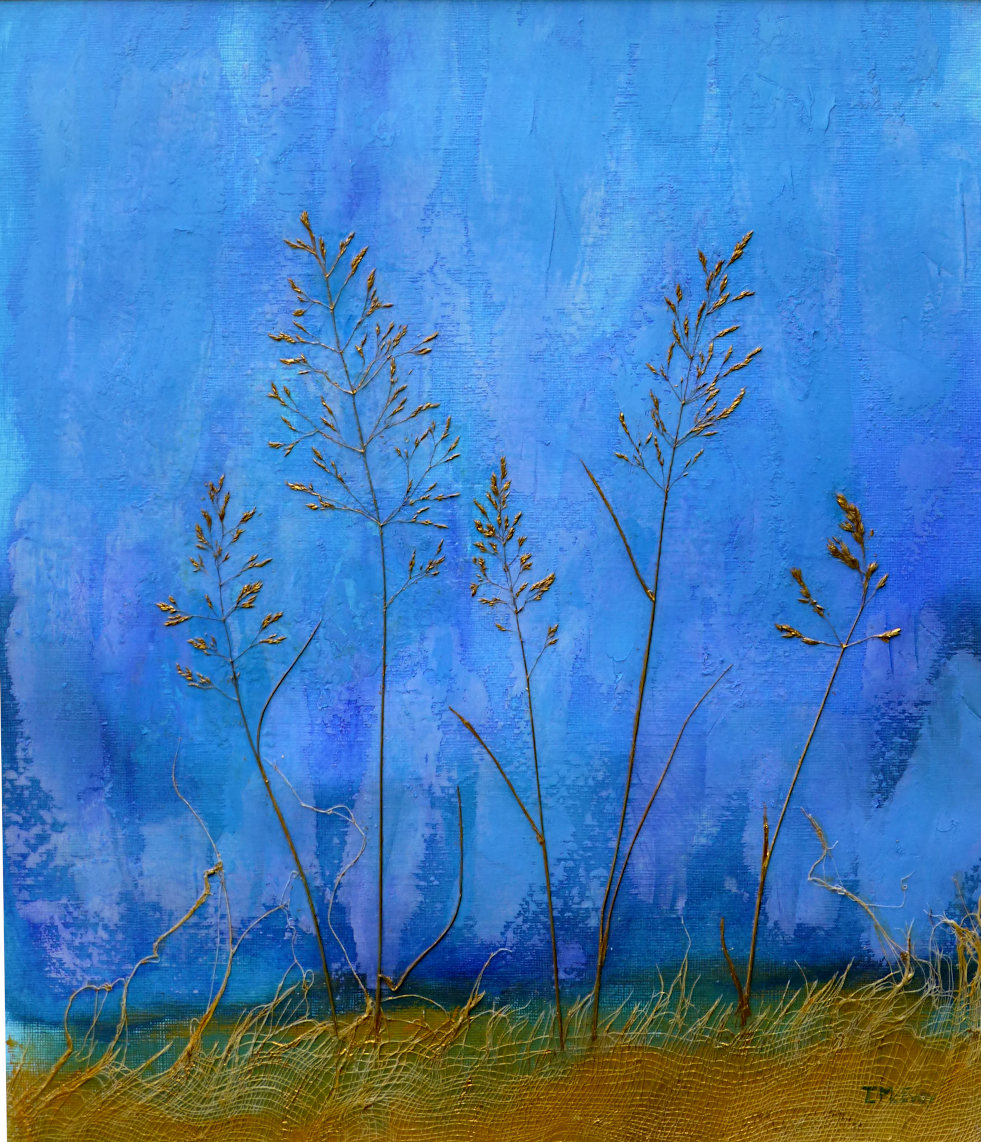 mixed media painting with dried grass